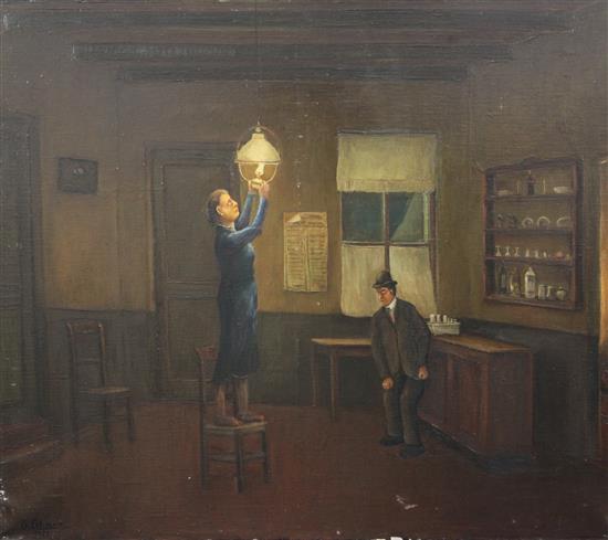Oscar Coleman (b.1893) Interior with woman lighting an oil lamp, 25.5 x 29.5in., unframed